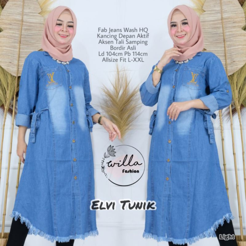 Baju Atasan Wanita Muslim Terbaru Tunik Jeans Levis Bawah Rawis Original Jeans Tunik Bordir COD Oke