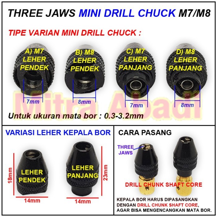 THREE JAWS MINI DRILL CHUCK SCREW M7 / M8 - KEPALA BOR KECIL MINI