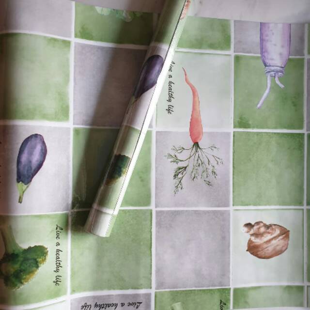 Grosir murah wallpaper stiker dapur abu2 hijau gambar sayuran