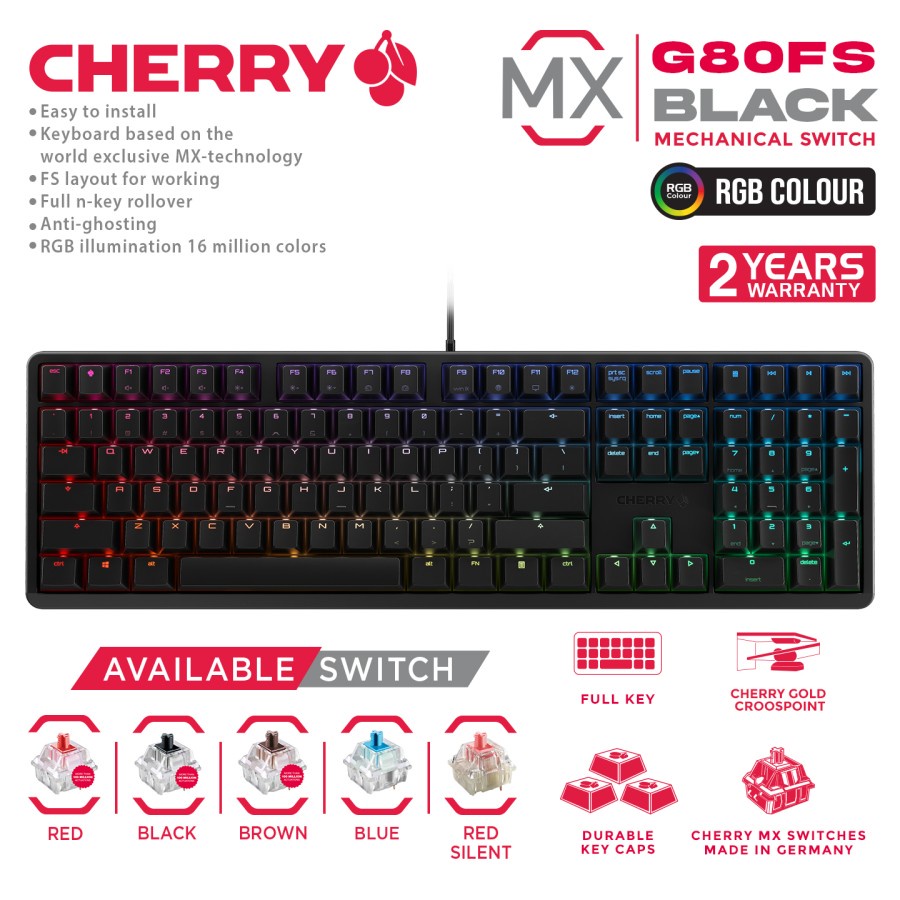 Keyboard gaming mechanical mx cherry wired usb 2.0 full size 109 keys FS black g80-3000s 3000 s rgb