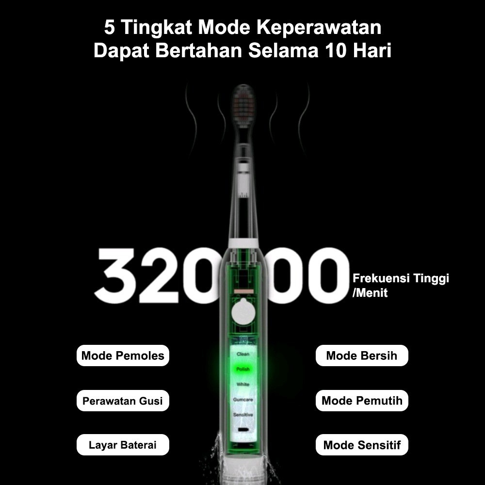 Sikat Gigi Elektrik Listrik Otomatis Toothbrush Automatic Waterproof 5 Mode 4 Sikat Isi Ulang USB