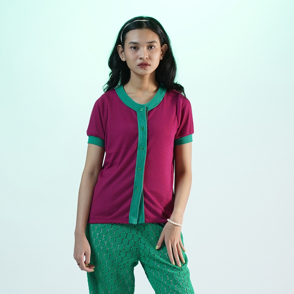 NONA Queens Top Short Sleeve Magenta Leaf - Atasan Wanita