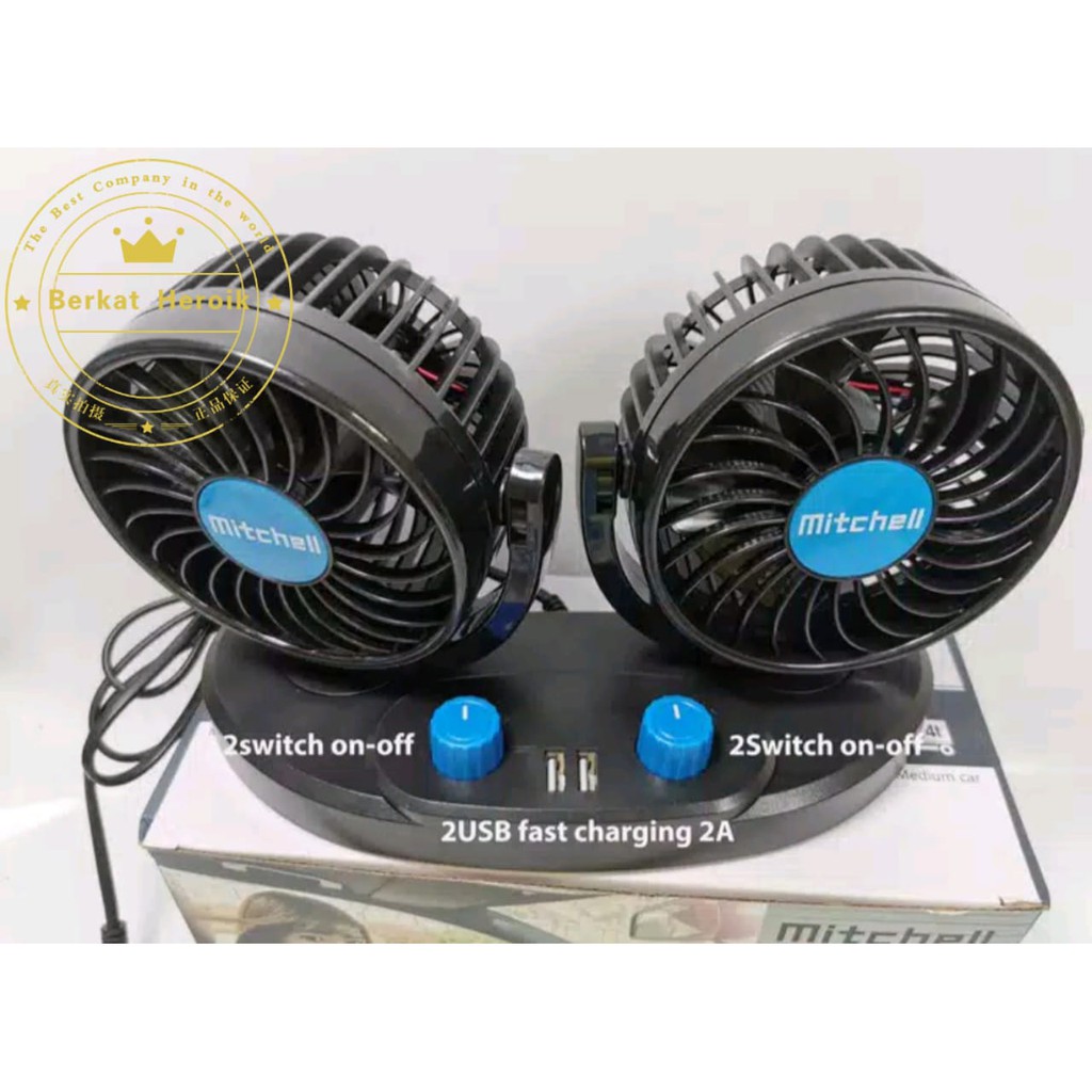 MITCHELL HX-T357 12V DC 2USB 2A + ON-OFF swing kipas mobil double fan