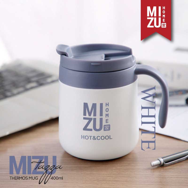MIZU TAZZA Thermos Mug 400ml Hot & Cold Drinks 304 Stainless Steel Tumbler Cangkir Termos Stenles-WHITE putih