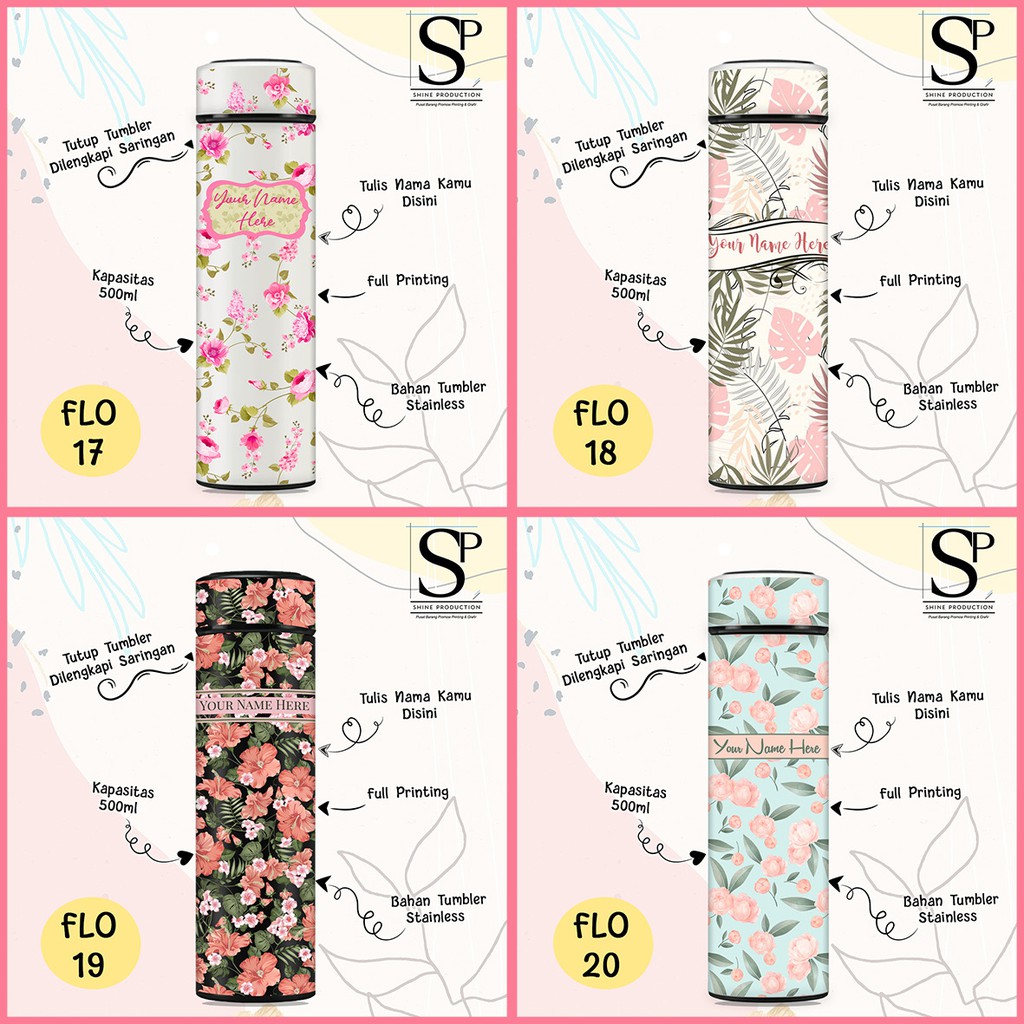 Botol Minum Motif Bunga (Bisa Custom Nama + Full Printing Sampai Tutup)