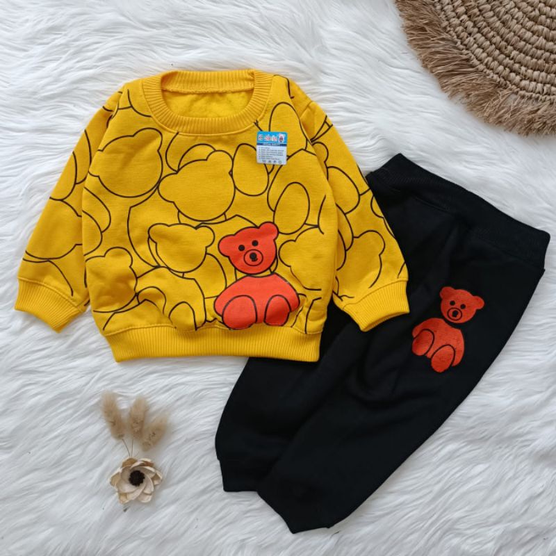 Setelan sweater bayi motif bear oren 3-12 bulan