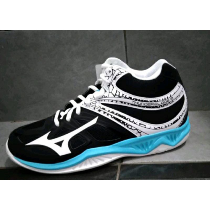 SEPATU VOLI MIZUNO THUNDER BLADE 2 MID BLACK BLUE ATOL ORIGINAL