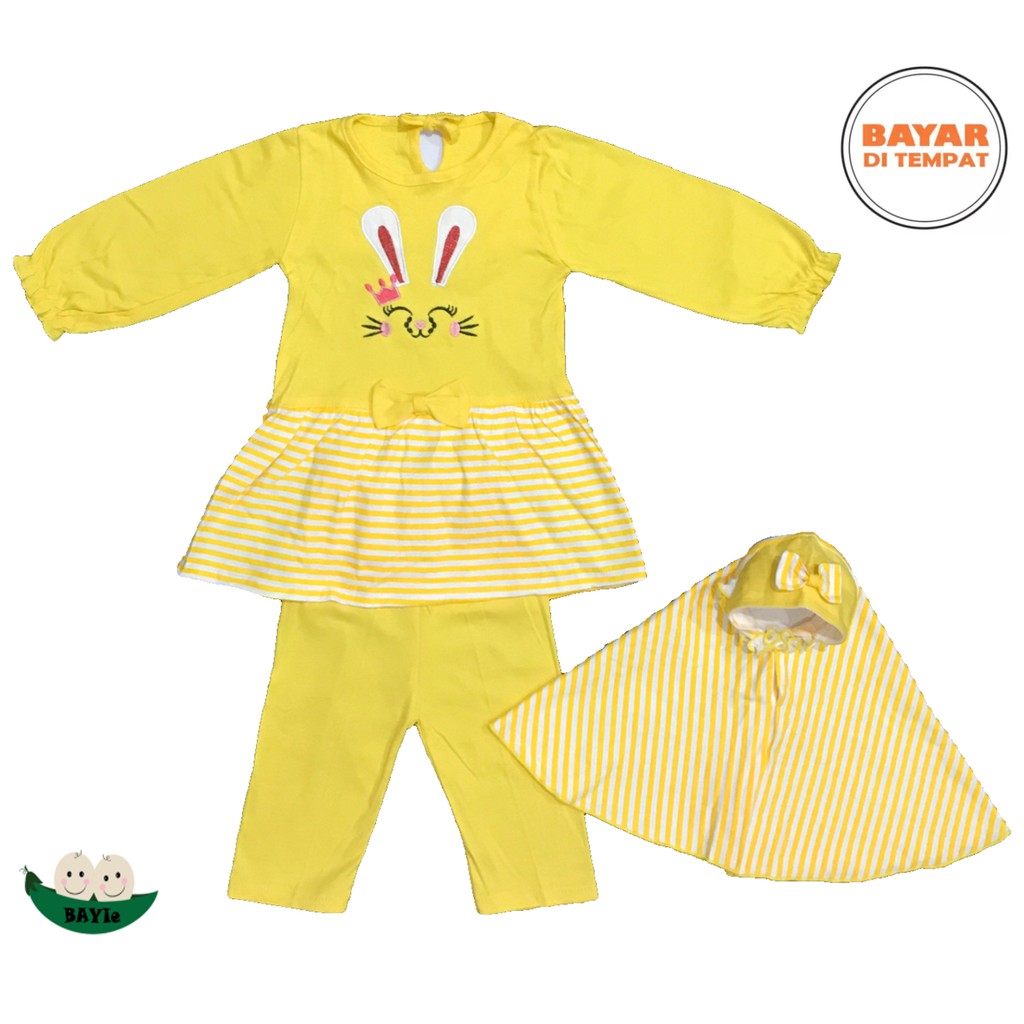 BAYIe - SETELAN Baju Gamis/Muslim Anak/Bayi Perempuan motif RABBIT SALUR LILY/Gamis cewek 1-2 tahun