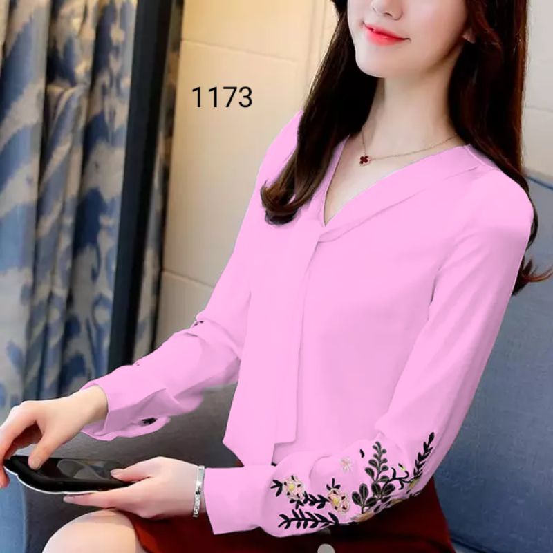 COD 1173 BLUS BORDIR BUNGA LENGAN PANJANG CANTIK FASHION WANITA GAYA KOREA