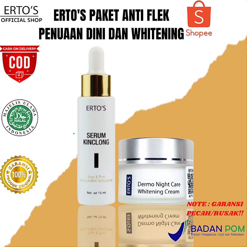 Paket Ertos Anti Flek Hitam Penuaan Dini Dan Whitening 2in1 - Ertos Serum Kinclong, Dermo Night Crea