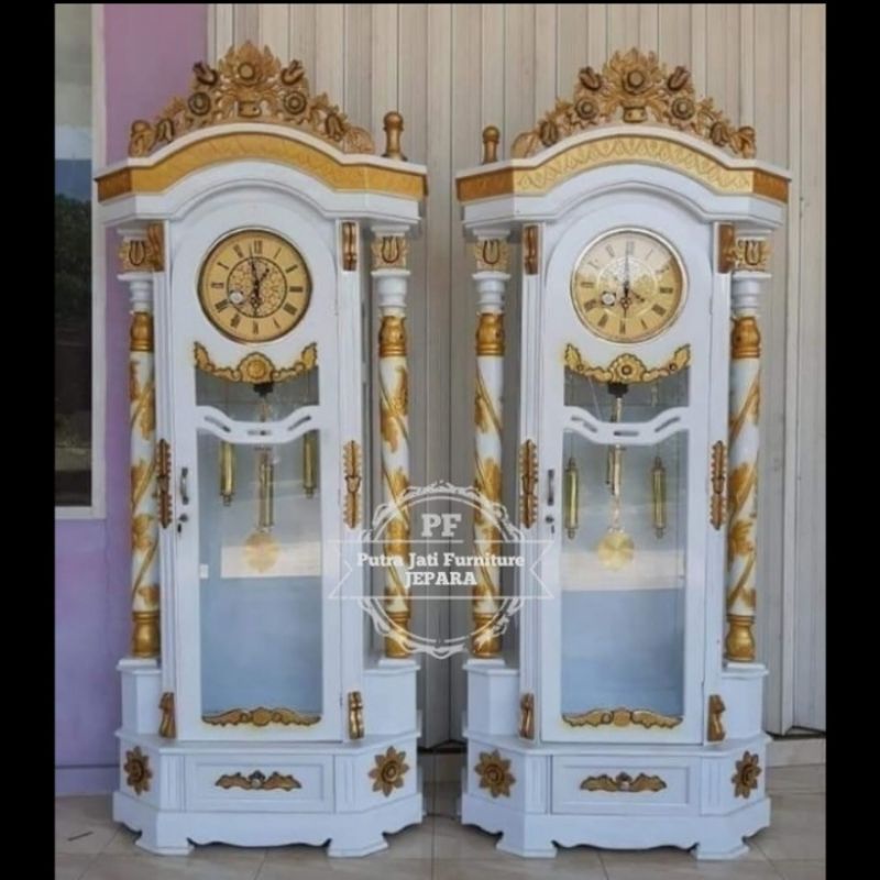 Jam masjid ukir Jepara warna putih - Lemari jam hias kayu jati