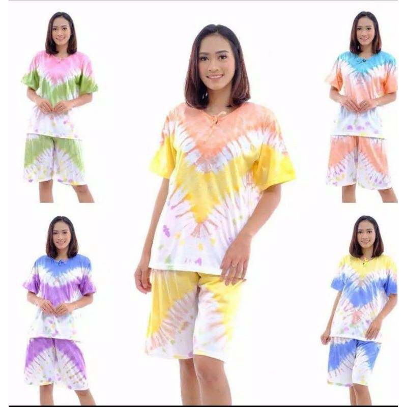SETELAN KAOS TIE DYE WANITA CELANA PENDEK / SET KULOT TIEDYE / BAJU TIDUR WANITA PIYAMA PENDEK