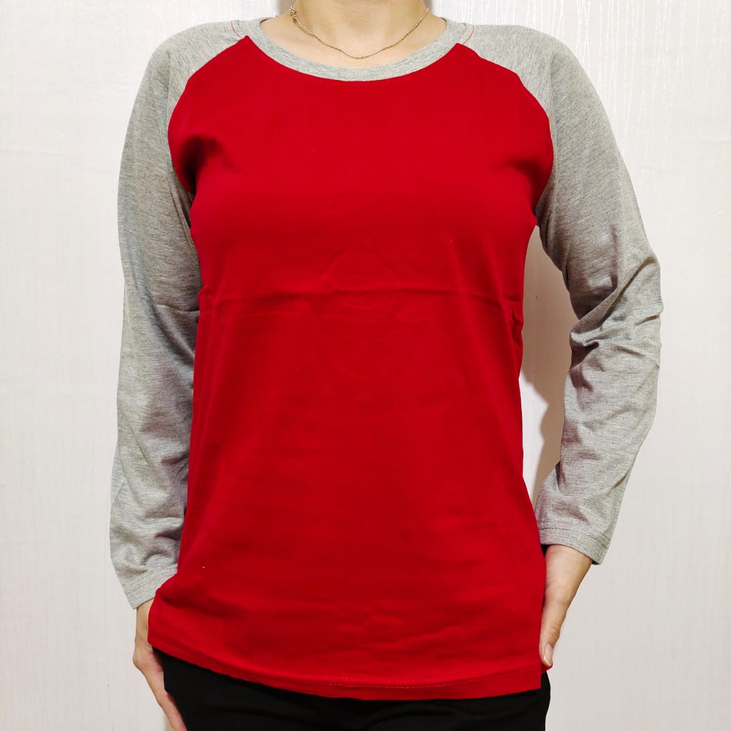 Kaos polos raglan merah lengan abu misty panjang M L XL XXL