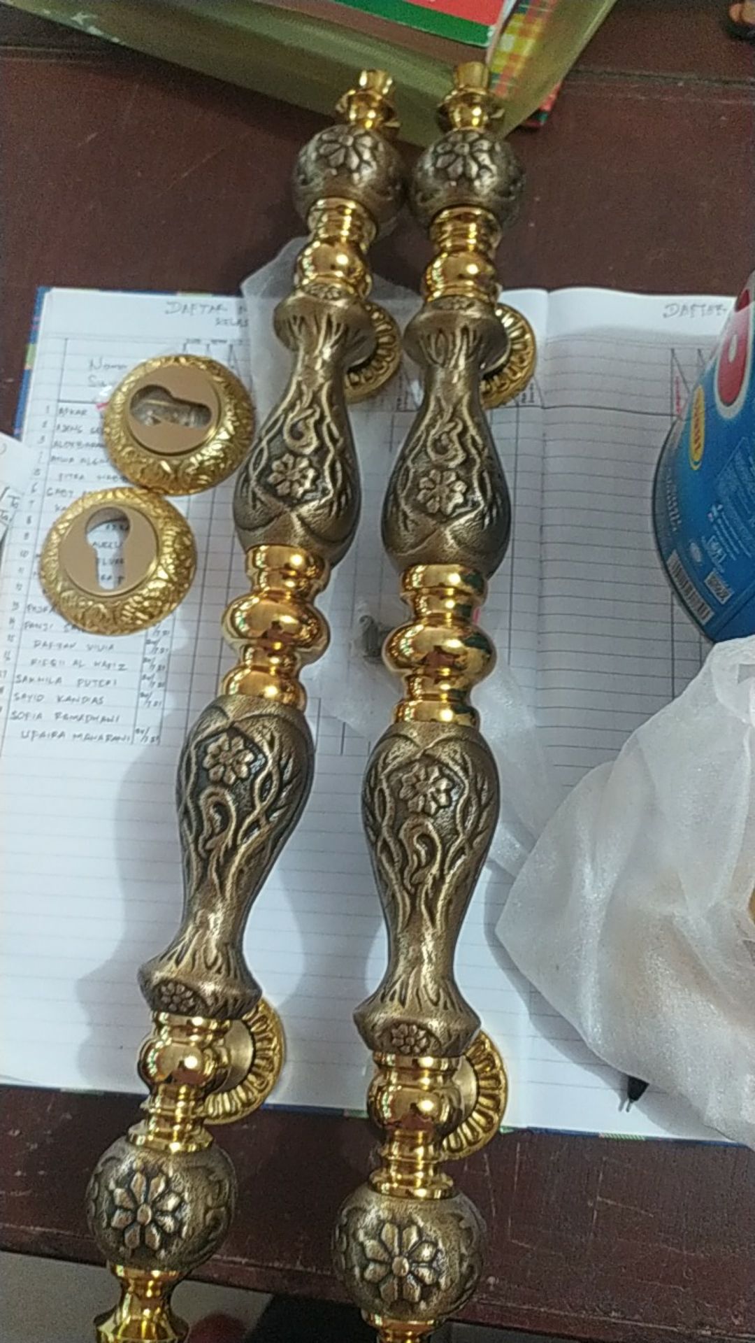 2 Pcs Handle Pintu Kuningan Ukir Antik Gold