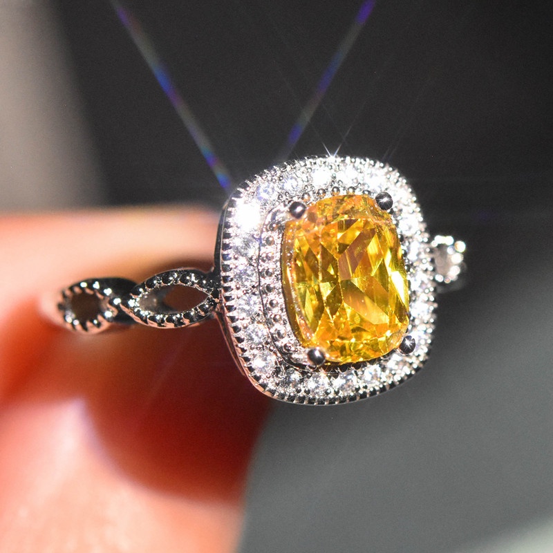 Cincin Berlian Kuning Moissanite Model Terbuka Dapat Disesuaikan Untuk Wanita