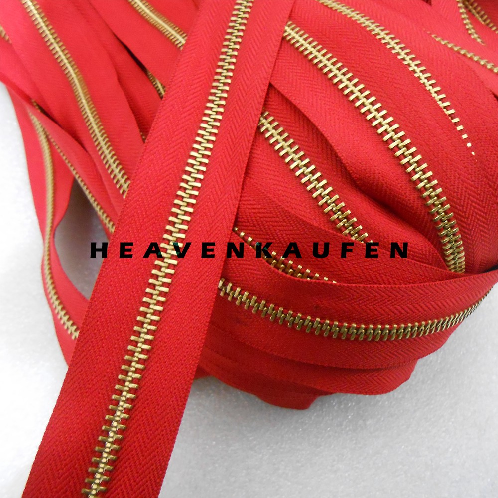 Resleting Zipper Best Type Gigi Besi No 5 Warna Merah - Gold Emas Harga Per Meter