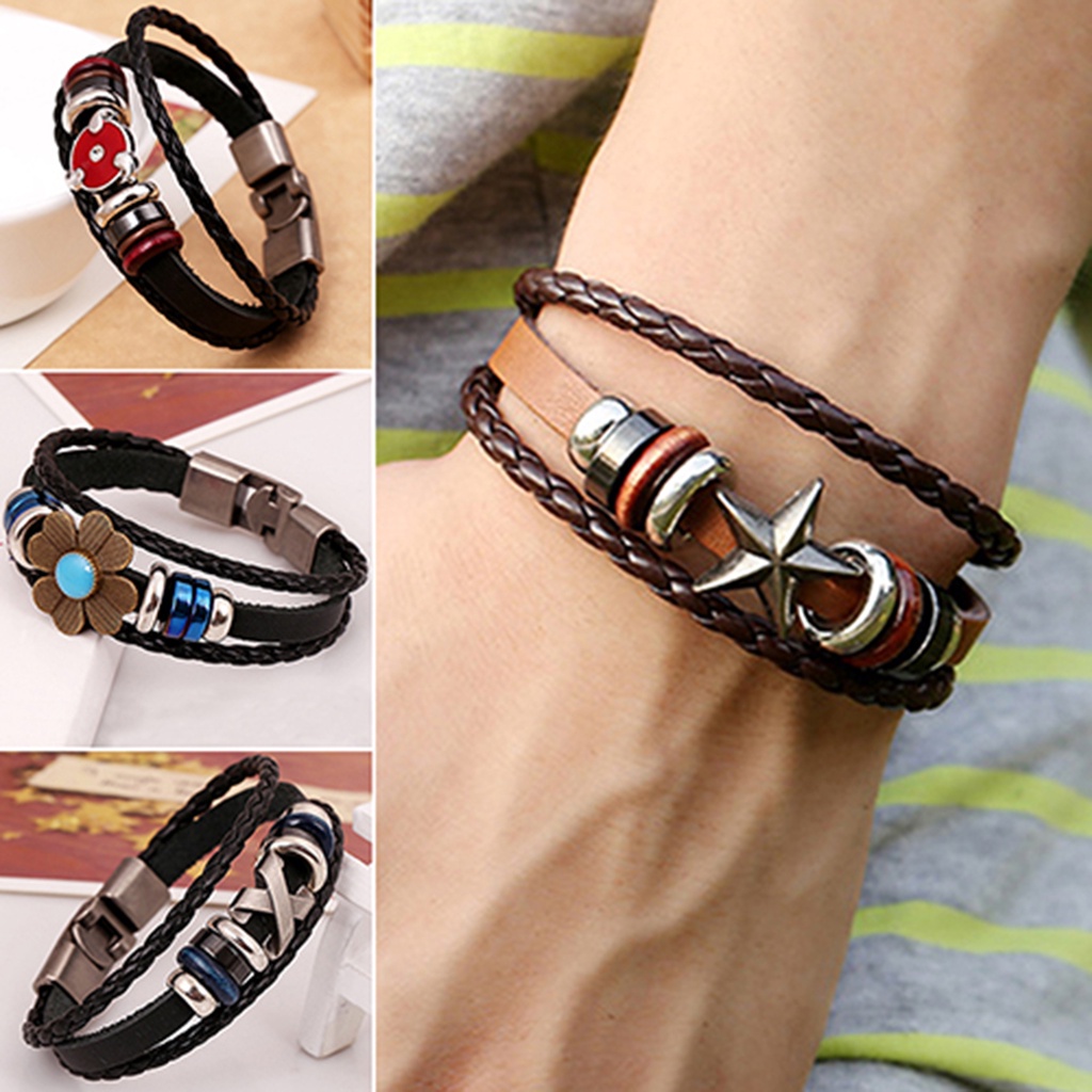 Hu Hu Hu Hu Hu Alat Bantu Pasang Kacamata♡ Gelang Bangle Retro Punk Kulit Imitasi Multilayer Aksen Manikmanik Bunga Untuk Priawanita