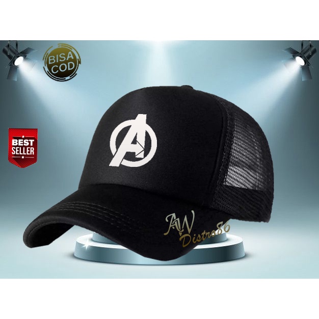 PROMO Topi Distro Avengers Text Putih Premuim Quality Topi Trucker Keren Murah Banyak Di Cari Cowok &amp; Cewek Topi Kata Kata Sablon