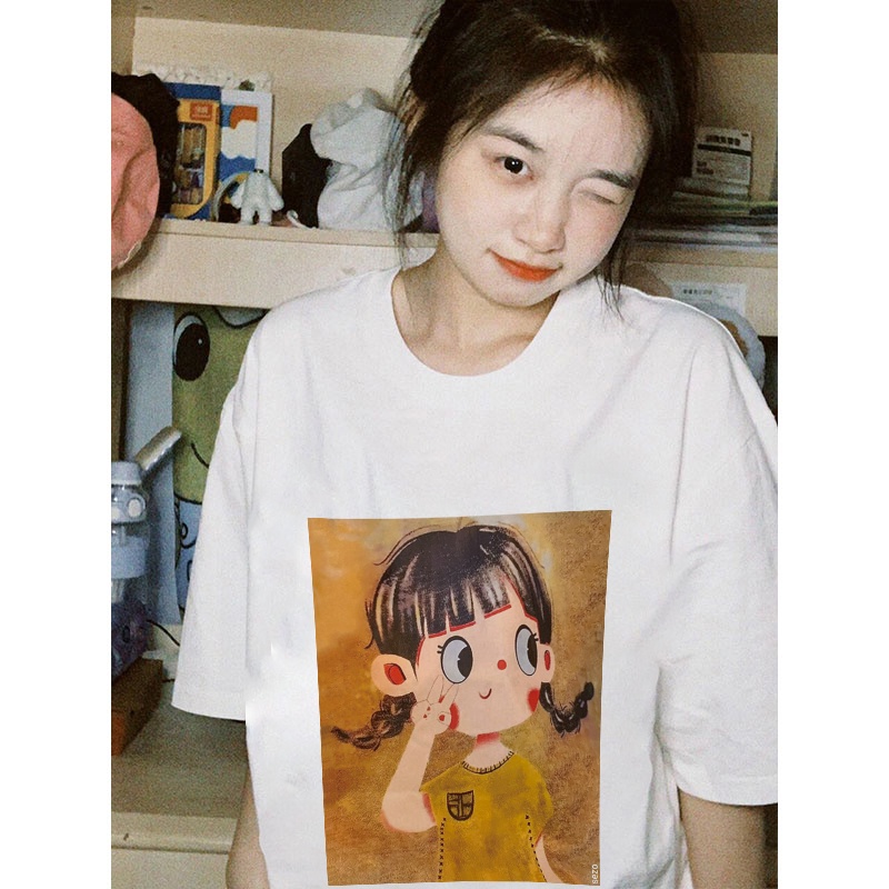 EUNII T-shirt Lengan Pendek Imut Gadis Kecil Pencetakan Longgar Korean Style/Kaos Atasan Wanita/Baju Kaus Oversize Wanita