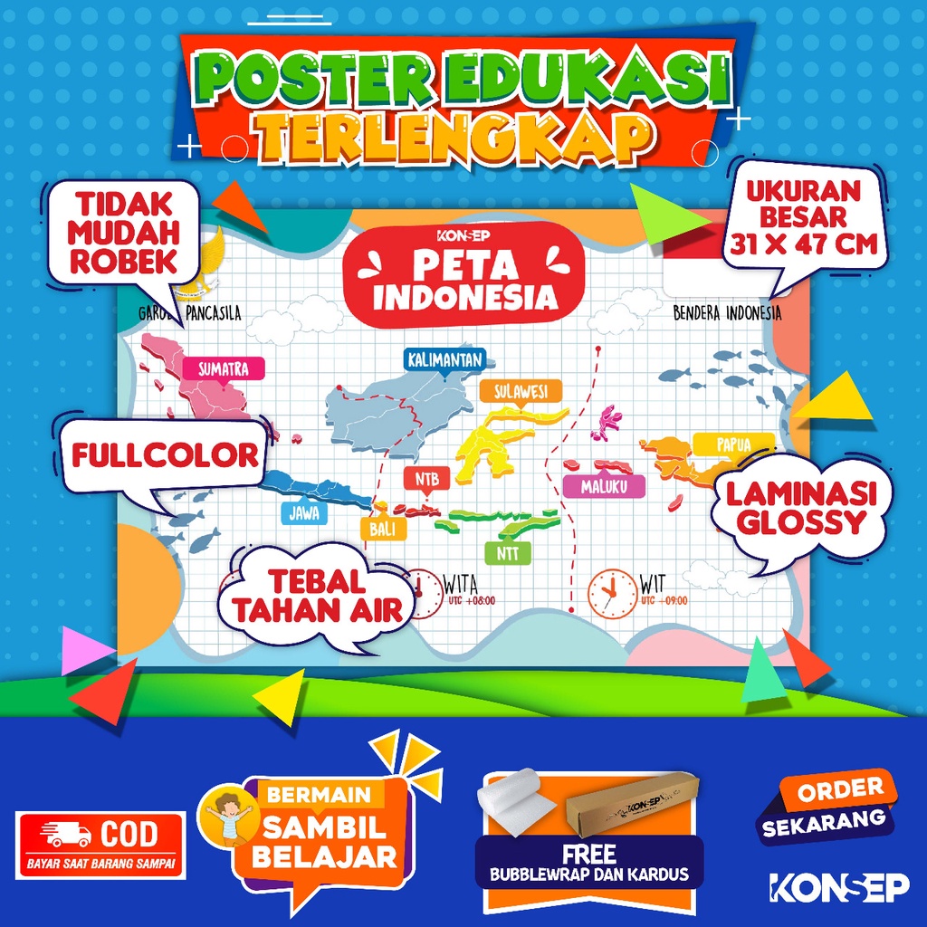 Konsep Poster Edukasi Pendidikan Anak Belajar Peta Indonesia Paud Balita TK Toodler SD Laminasi Glossy Tahan Air