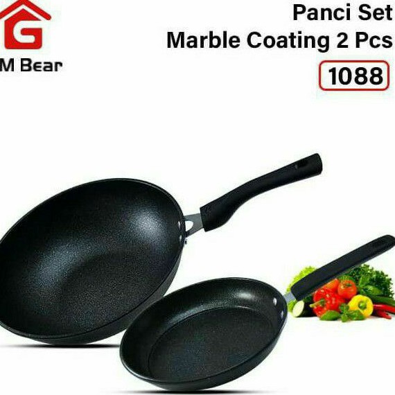 GM Frypan Set Panci Marble TEBAL 2pcs 1088 - Wajan Marble Tahan Gores Tidak Lengket Food Grade