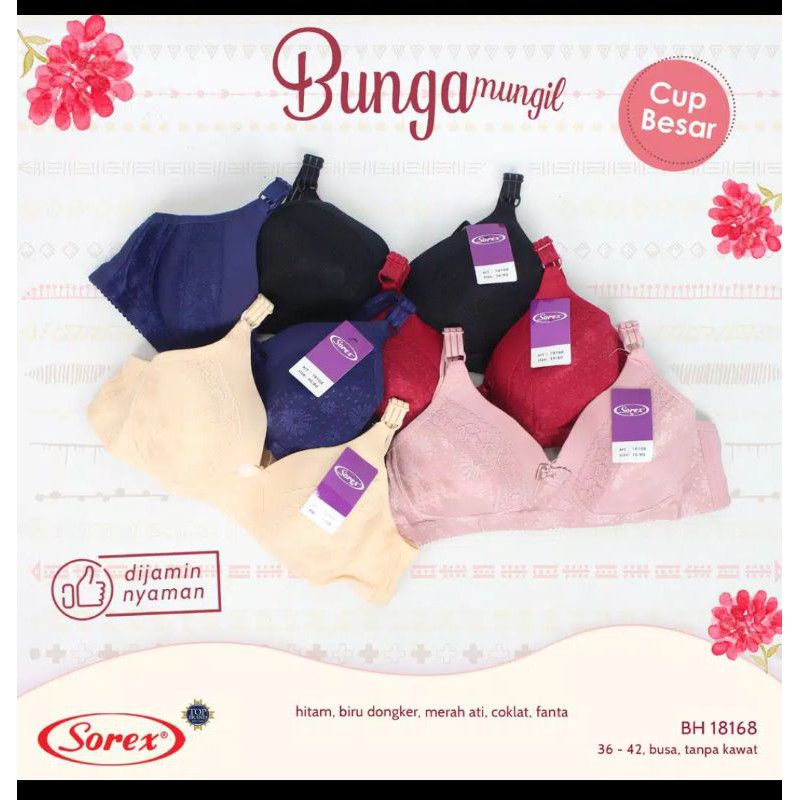 BH SOREX 18168 BUNGA MUNGIL BRA TANPA KAWAT BUSA TIPIS KAIT 3 CUP B RENDA BROKAT PARIS ORI PREMIUM