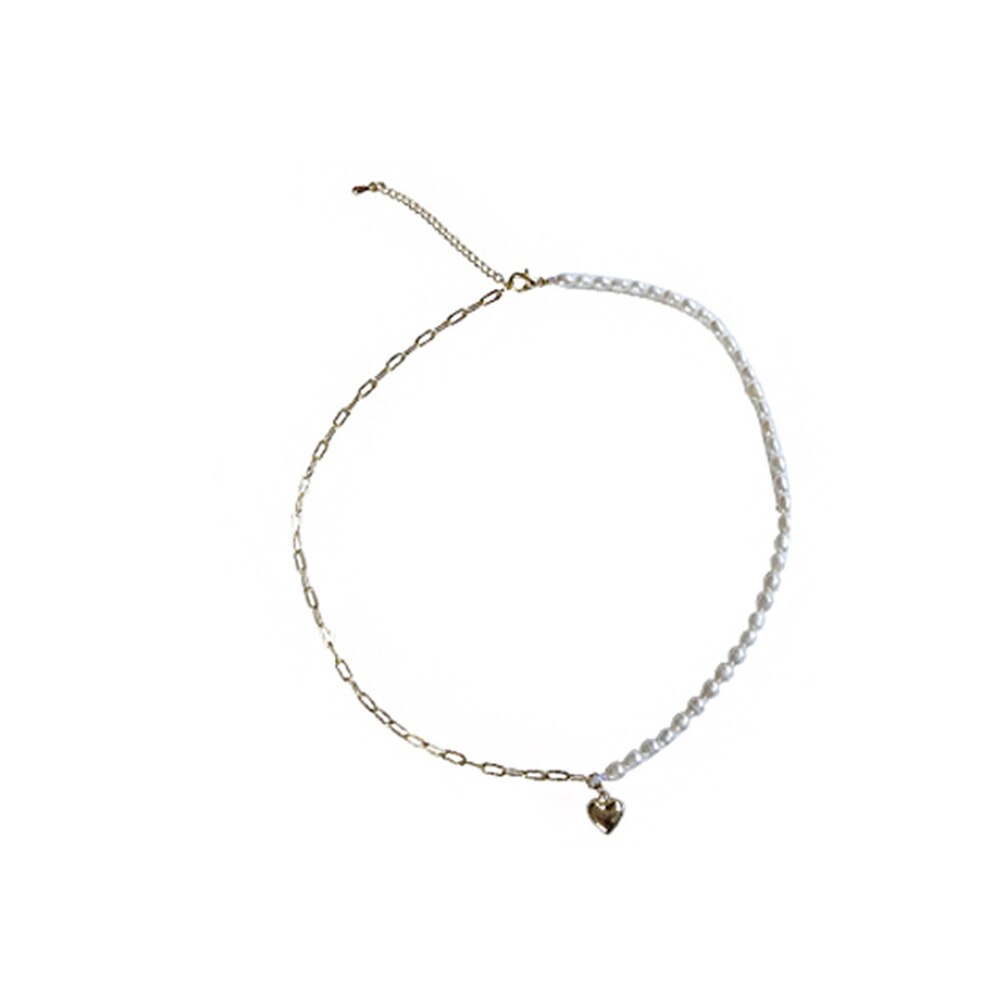 Kalung Choker Rantai Mutiara Bentuk Hati Asimetris Warna Emas Untuk Wanita