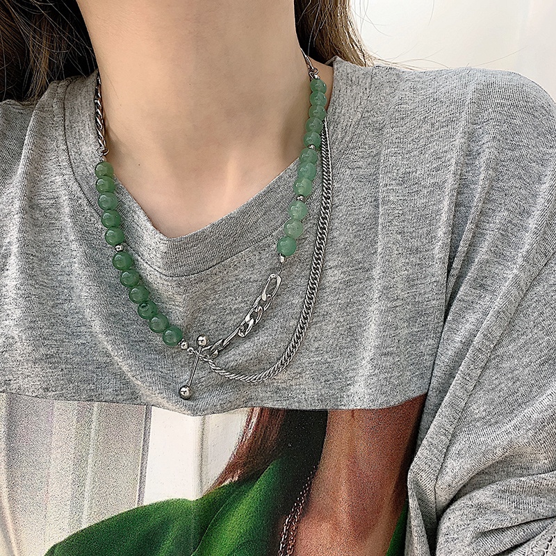 Green Stone Stitching Necklace Accessories Personality Versatile Irregular Clavicle Chain