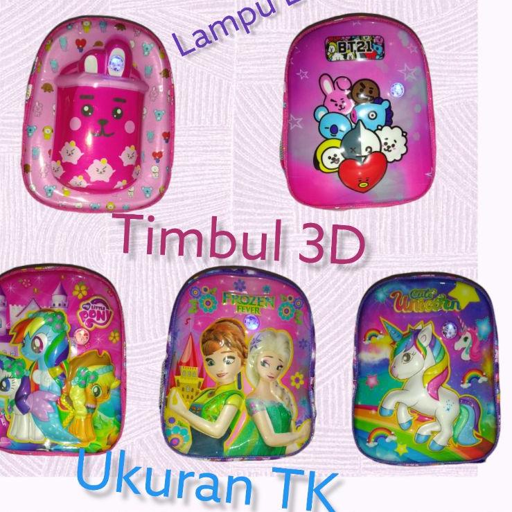 (STOK TERBARU) Tas Ransel Anak Perempuan TK/  Paud  3D Timbul Lampu LED Frozen Bt21 Boba Unicorn Kud