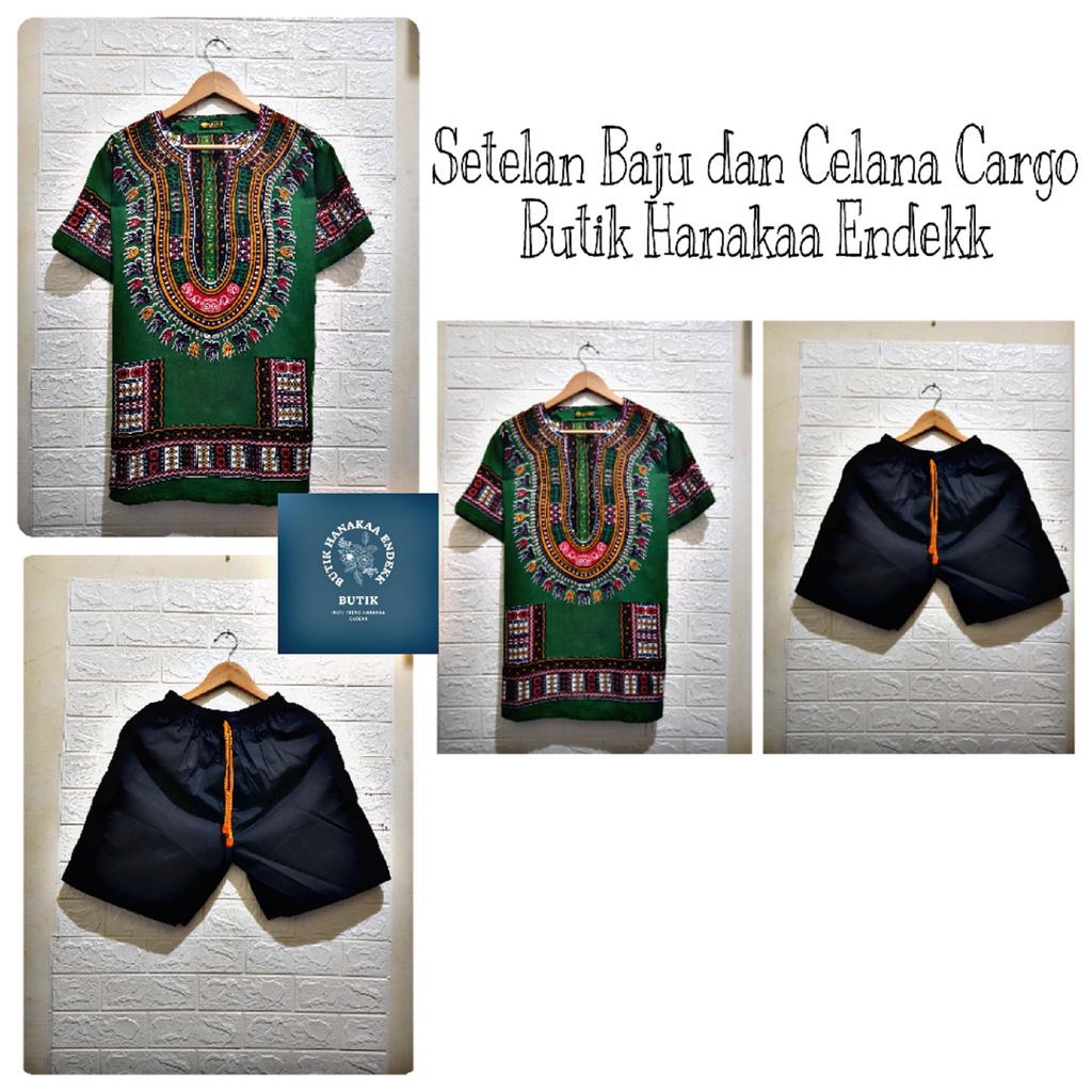 Setelan Baju dan Celana Cargo Etnik Dashiki Kotak Pria/Wanita (Unisex)