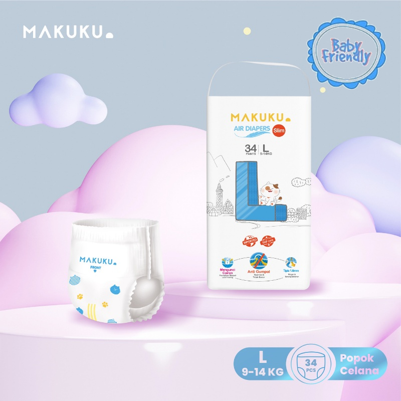 [BabyFriendly] MAKUKU Air Diapers Slim Pants L34 / Popok bayi Tipis SAP anti gumpal cepat kering sekali pakai tipe celana ukuran L isi 34pcs