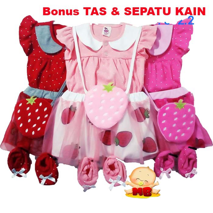 Baju Bayi Perempuan Jumper Rok  Bandana  Tas Strawberry