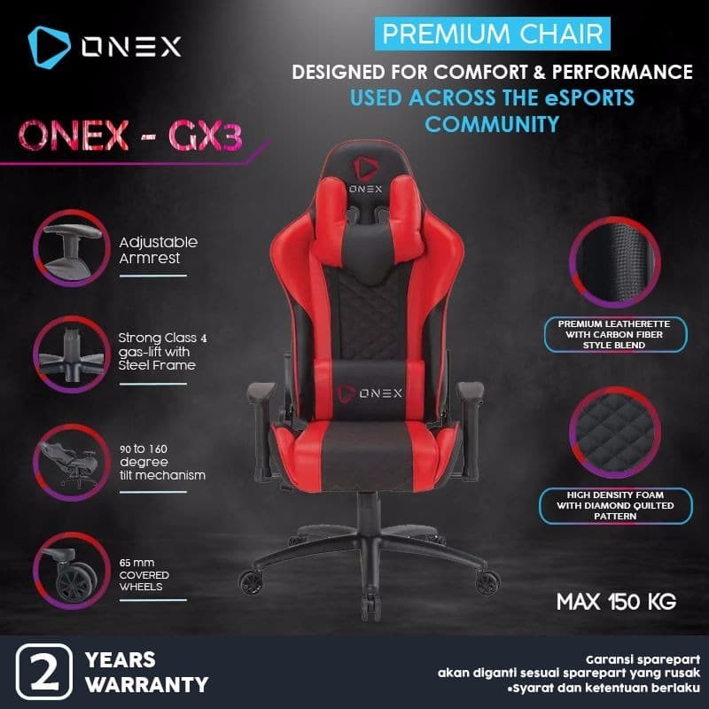 Kursi Gaming ONEX GX3 Premium Quality Gaming Chair Kursi - Merah