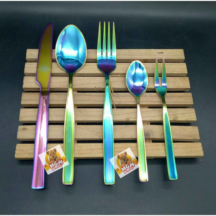 Rainbow Sendok Makan set 5pc pelangi sendok makan lengkap 5pc Gold