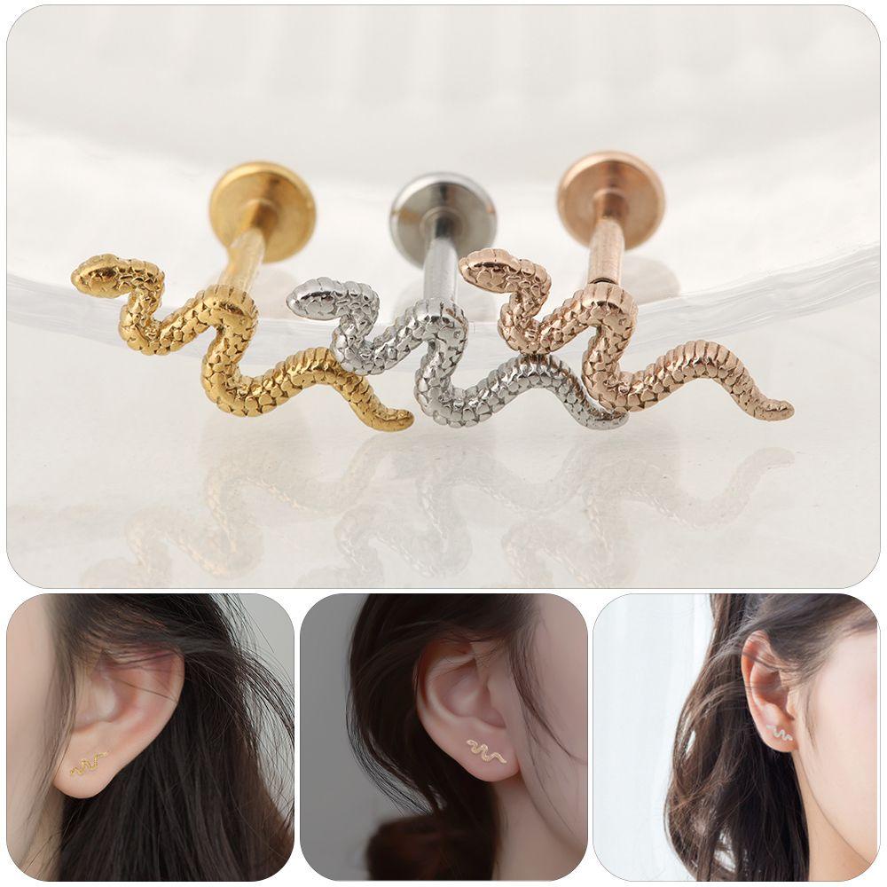 Nanas 1pcs Ear Stud Ujung Datar Bentuk Ular Implan Perhiasan Tindik Baja Kelas