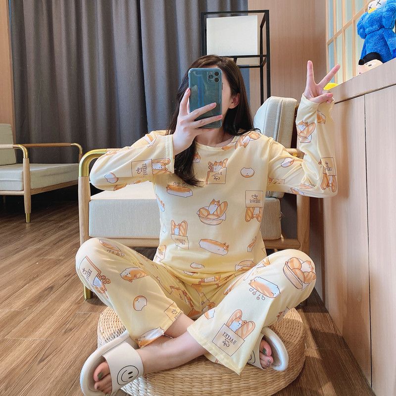 Baju Tidur Wanita Korea Import / Setelan Piyama Lengan Panjang Celana Panjang Bermotif Kartun Bahan SSAdem Dan Lembut