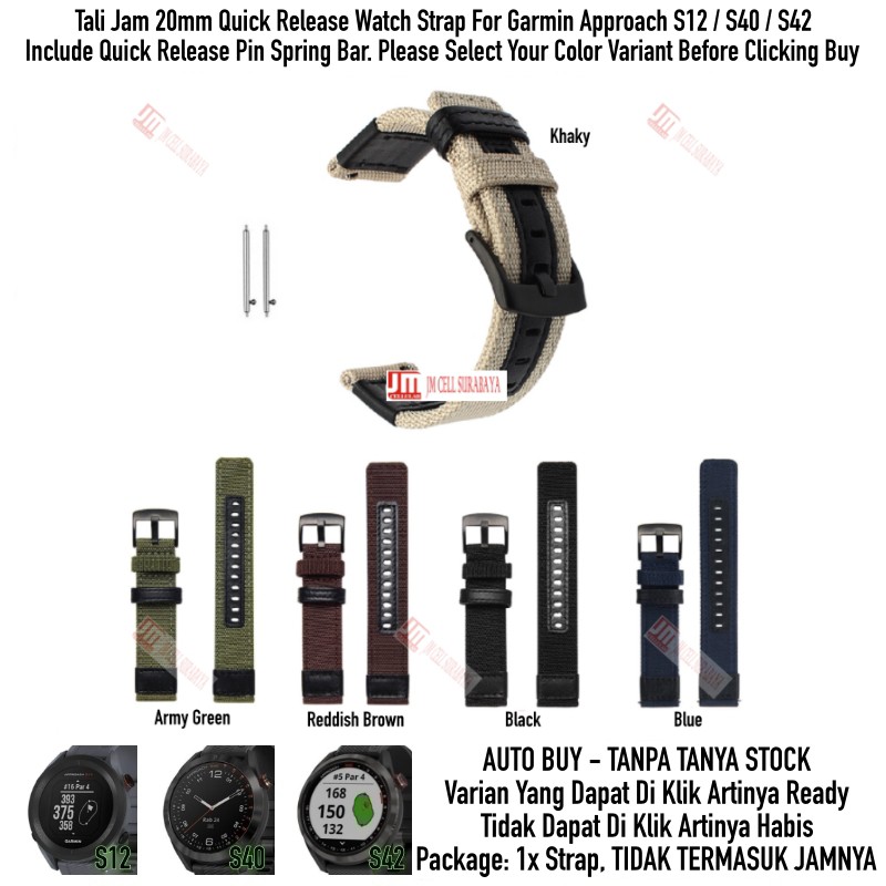 Tali Jam 20mm Watch Strap Garmin Approach S12 S40 S42 - Woven Nylon Stainless Black Buckle