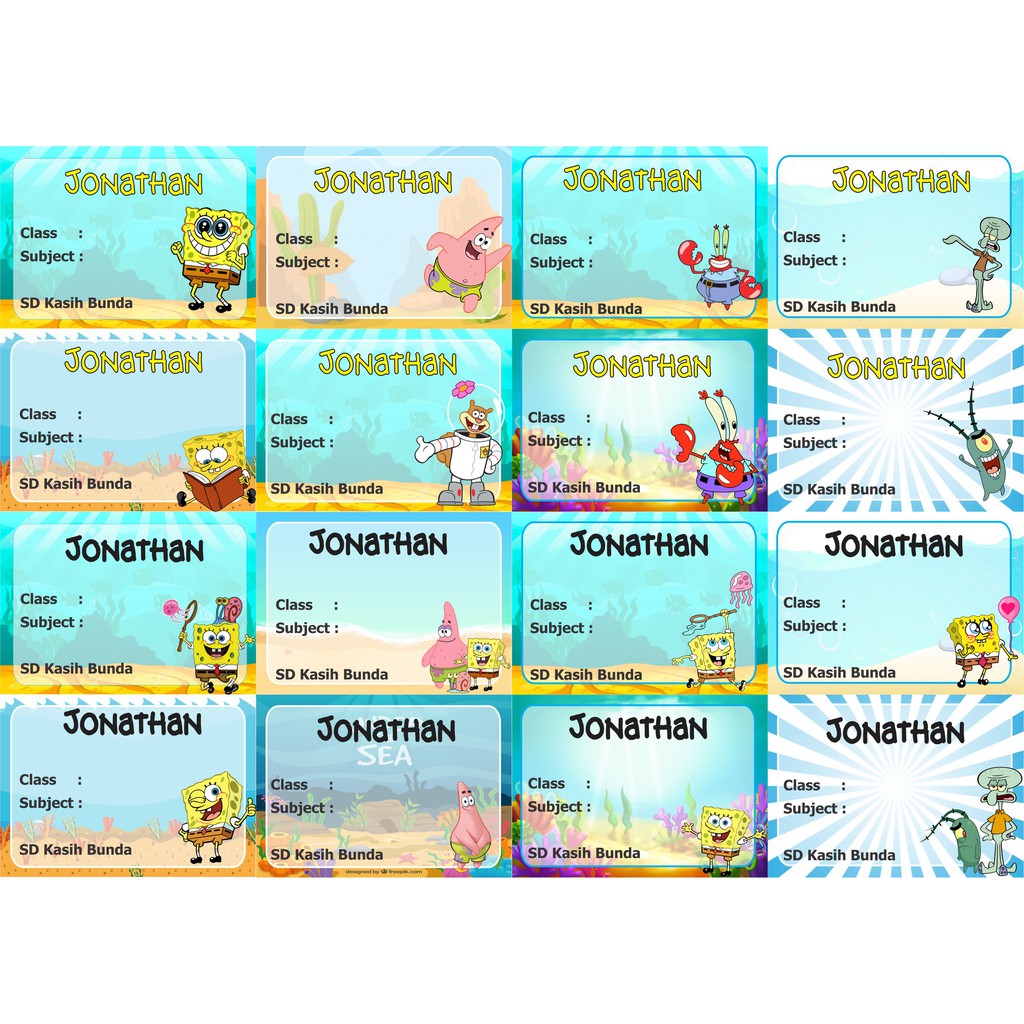 

Spongebob Label stiker buku nama kelas mapel custom