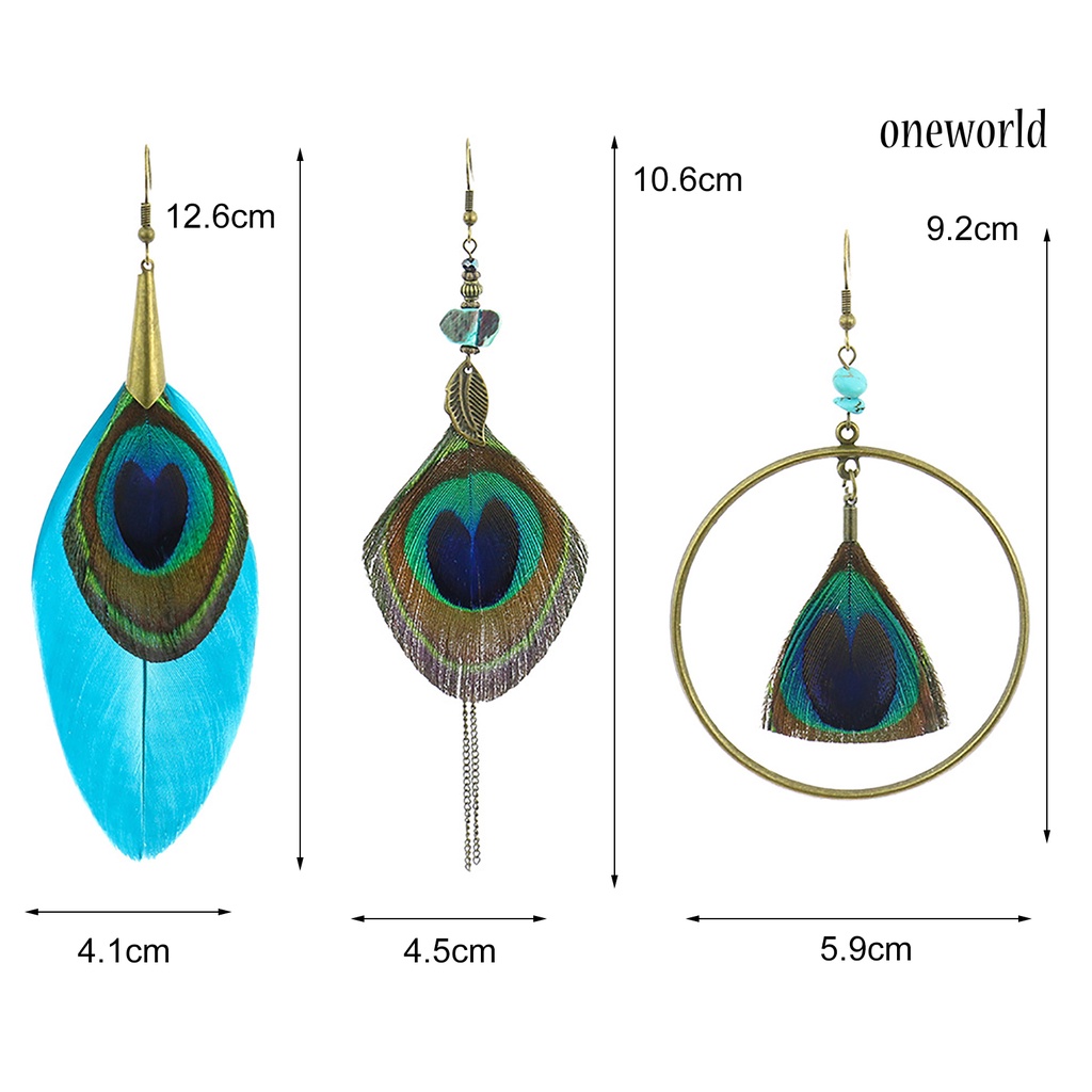 OW# Peacock Feather Drop Earrings Ethnic Style Women Geometric Shape Circle Hook Earrings Jewelry Accessory