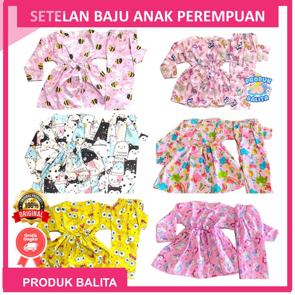 Setelan Set Baju Anak Perempuan Lengan Panjang Motif Lucu Setena Dress Anak Panjang Usia 3-7 tahun