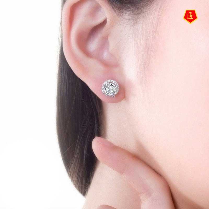 [Ready Stock]New 1 Karat round Moissanite Stud Earrings 18K White Gold