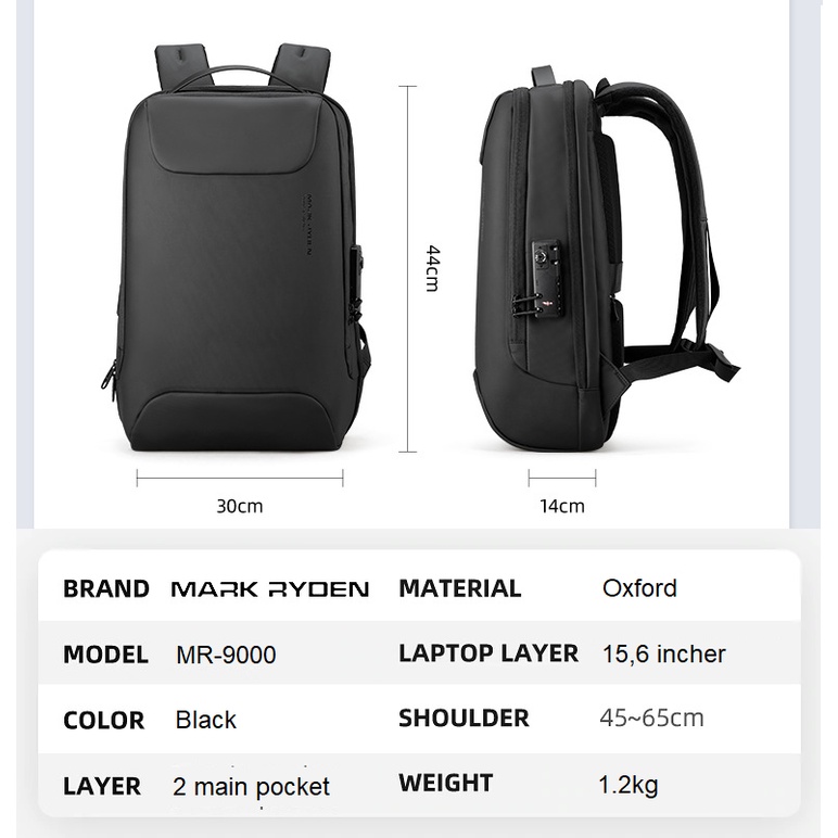 MR9000 Tas Mark Ryden Ransel Pria Cowok Laptop 15.6&quot; Anti Air USB TSA