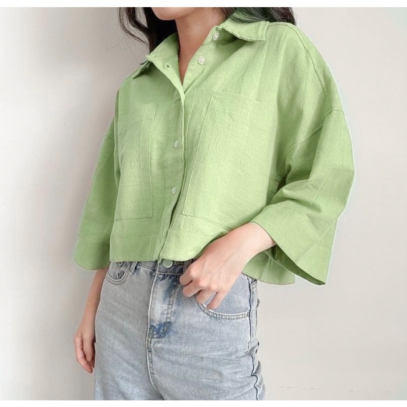 Vira Kemeja Crop Wanita Linen Crinkle - Kemeja Crop - Kemeja Wanita - Kemeja Linen Wanita - Atasan Wanita