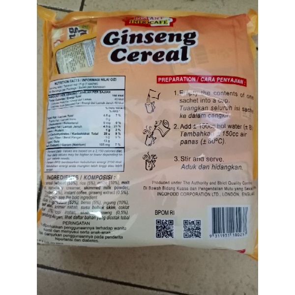 Indocafe Ginseng Cereal Instant 30 Sachet @ 35gram