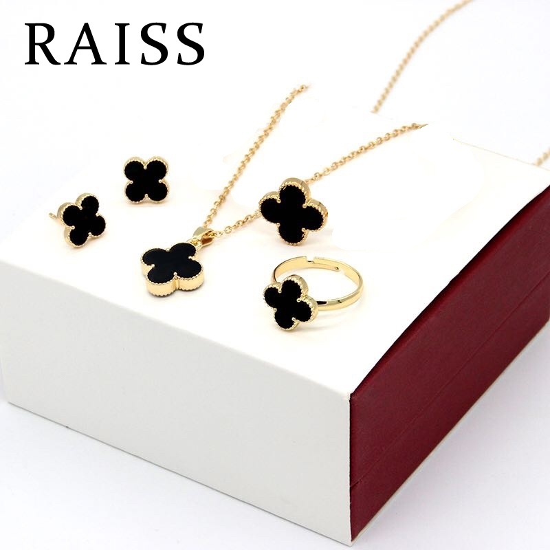 3pcs / Set Kalung Rantai Rose Gold 18K Dengan Liontin Daun Clover Untuk Wanita