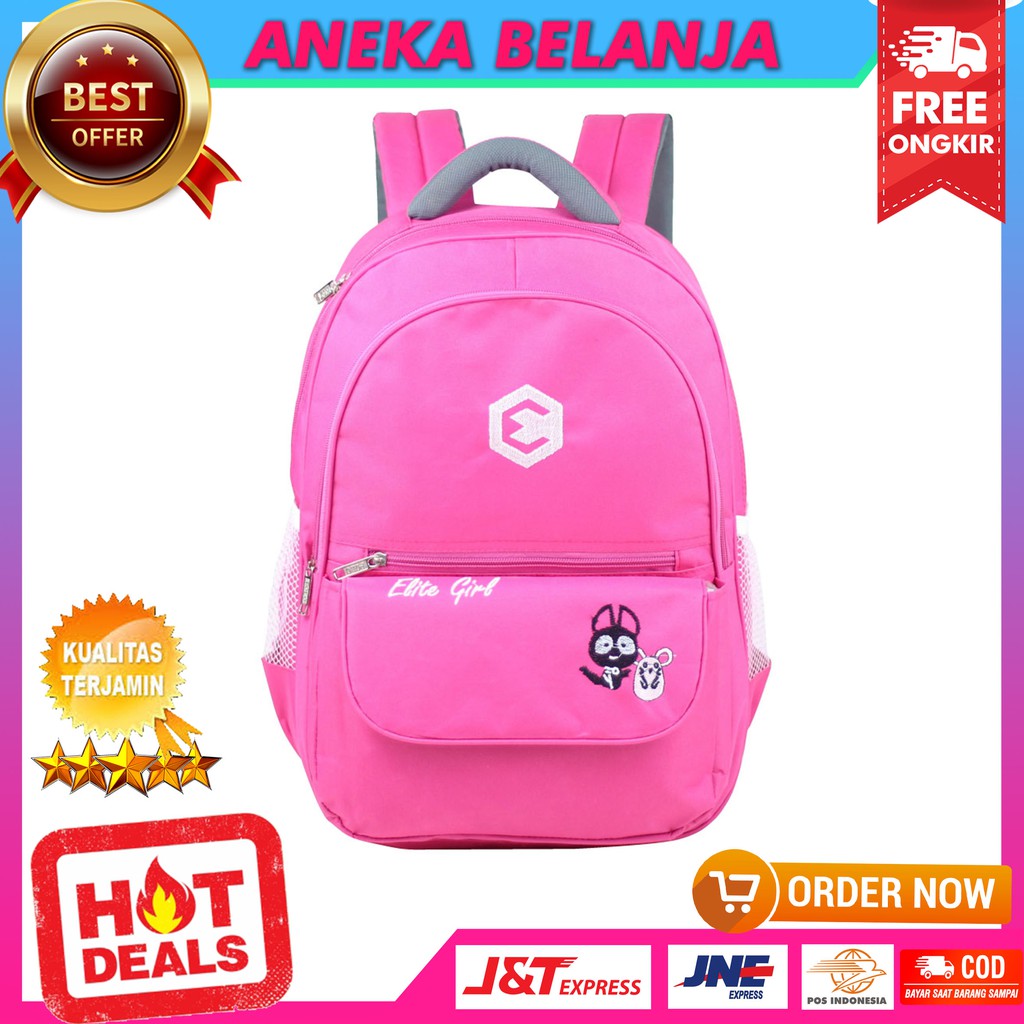 PROMO HARGA 59.900 Backpack Khusus Anak Cewek Elite Kucing Tikus Warna Pink Fashionable Berkualitas Tebal Stylish Kuat Awet Tas Sekolah Anak Perempuan TK SD SMP Bonus Raincover &amp; Gratis Botol Minum Murah Terlaris Ransel Anak Ngaji Trendy Keren Premium