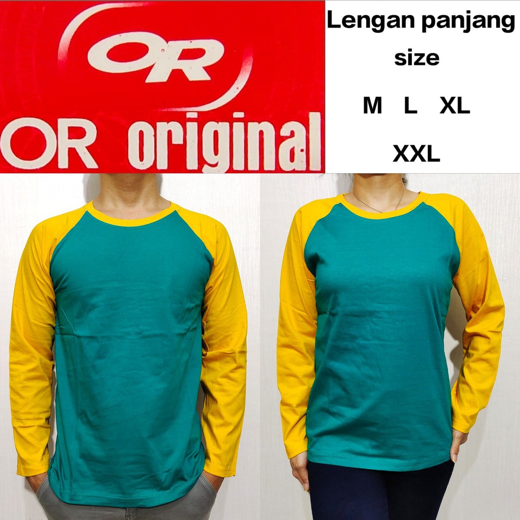 kaos polos raglan hijau tosca lengan kuning panjang M L XL XXL