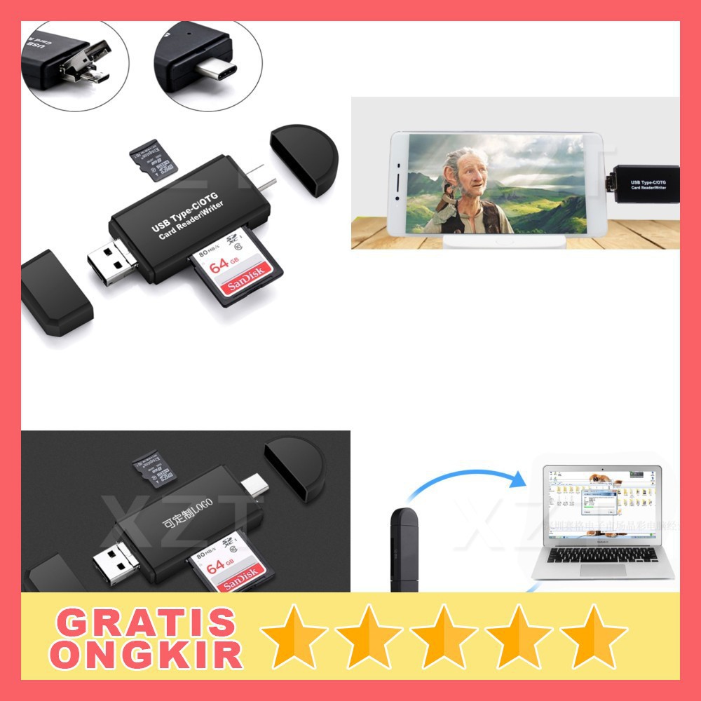 Grab Medan Memory Card Reader OTG 3 in 1 USB Type C + USB Type A + Micro USB - YC320 Hitam MOSU