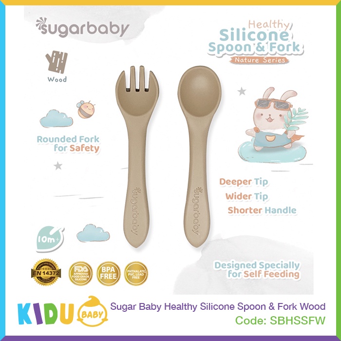 Sugar Baby Healthy Silicone Spoon &amp; Fork Peralatan Makan Bayi Sendok Garpu MPASI Bayi Kidu Baby