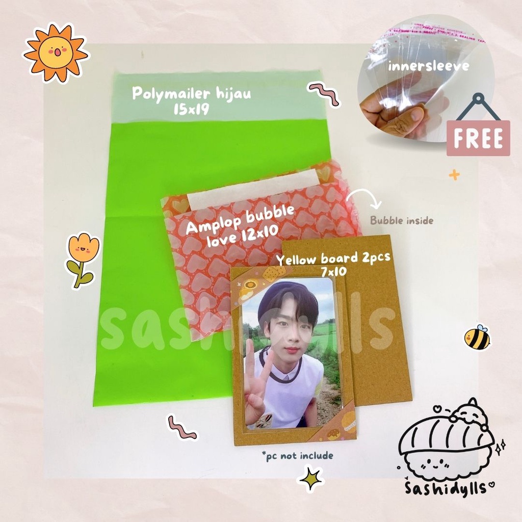 

ALAT PACKING PHOTOCARD ECOFRIENDLY SET [POLYMAILER + AMPLOP BUBBLE WRAP LOVE + GREY/YELLOW BOARD + TOPLOADER + INNERSLEEVE (POPCORN)]